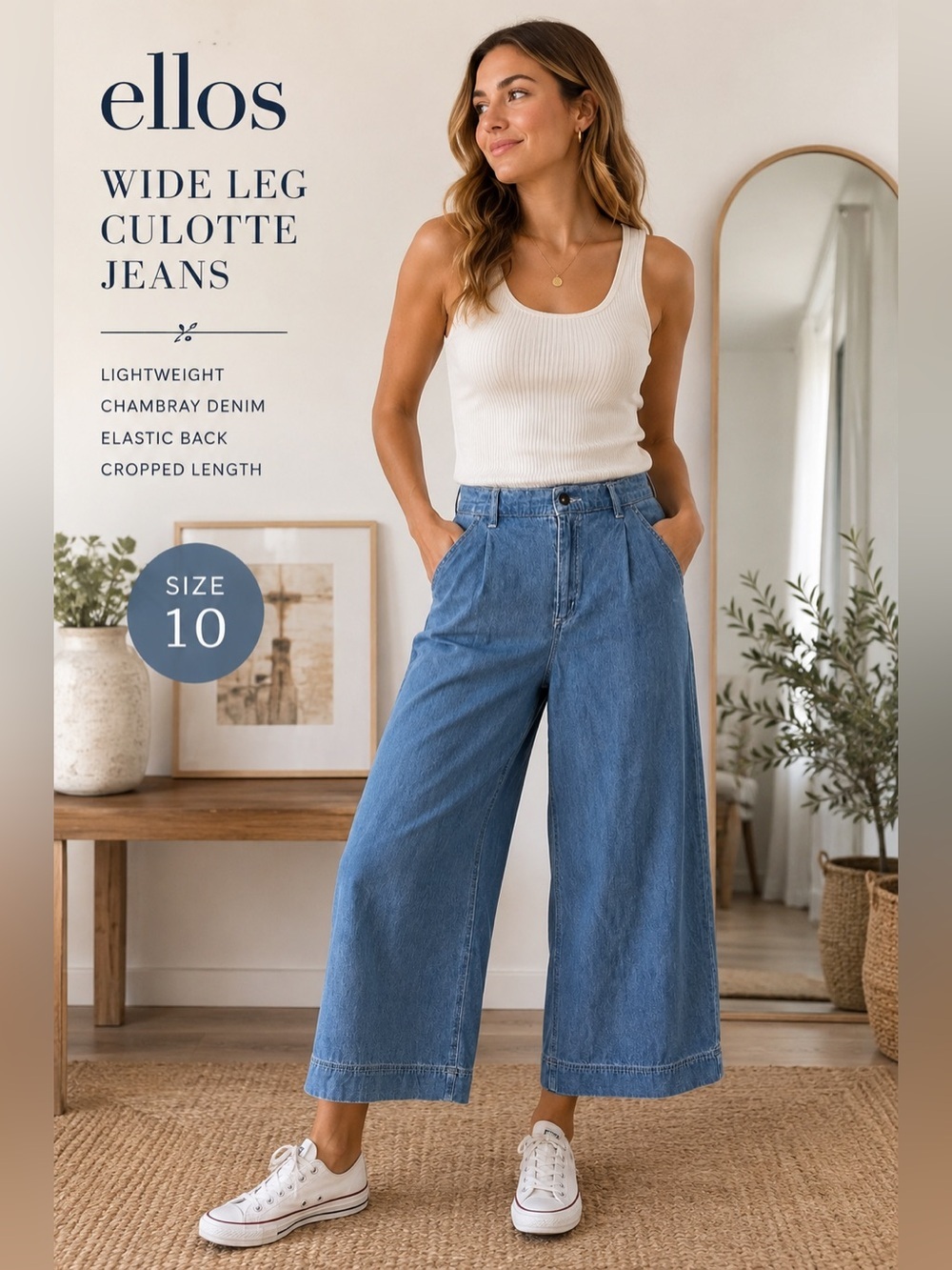 Ellos Wide Leg Chambray Culotte Jeans Elastic Back Size 10 Cropped - Picture 3 of 11